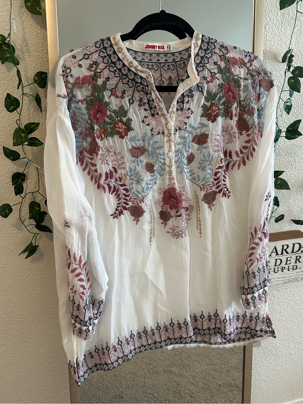 Johnny Was White Peasant Tunic with Multicolor Floral Embroidery